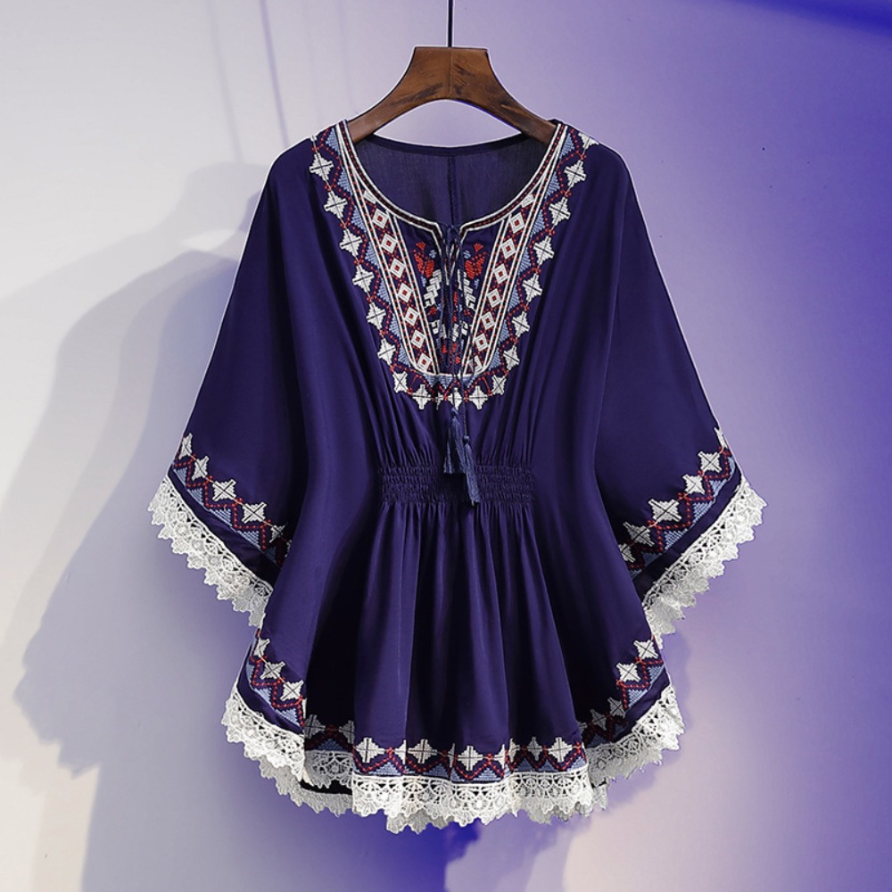 Simple%20Lace-up%20Tassel%20Bohemian%20Style%20T-shirt%20Embroidery%20Loose%20Short%20Sleeve%20T%20Shirt%20Blouses%20High%20Waist%20Ethnic%20Style%20Tops%20Summer%20-%20Image%203
