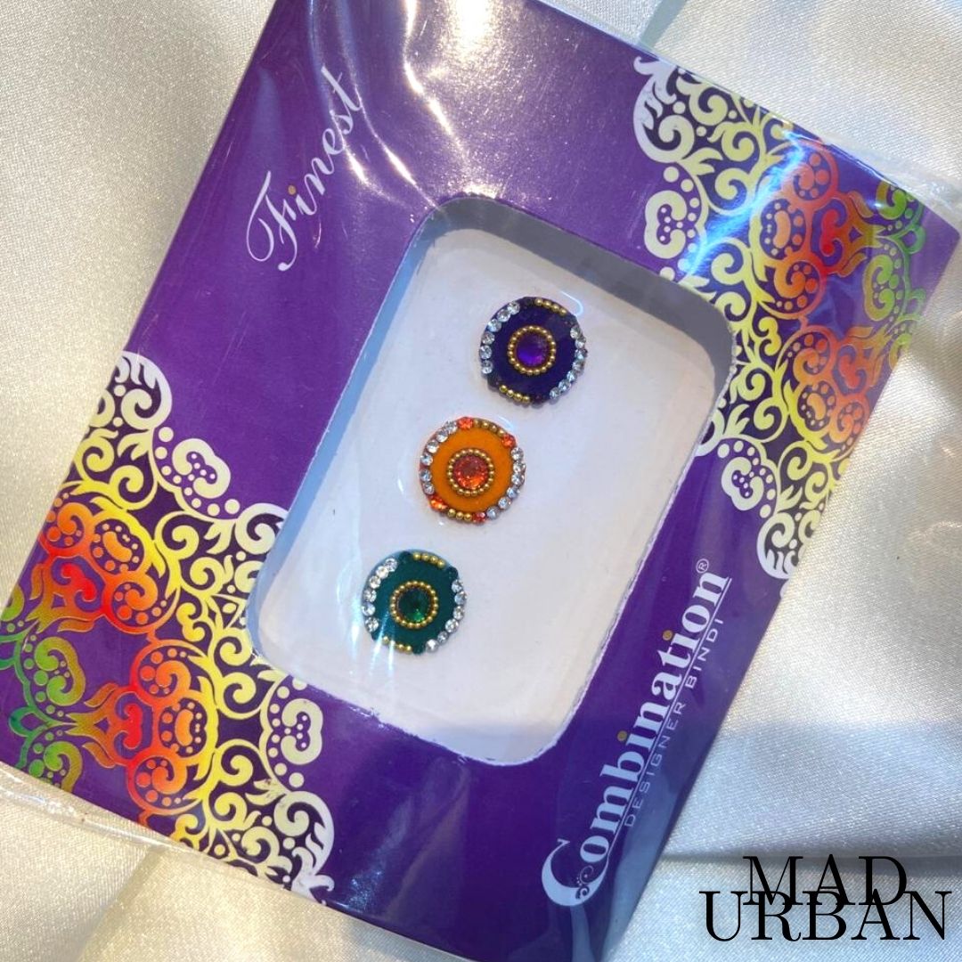 3 Color Designer Bindi Sticker Pottu with Stones and Gold Lining Mad