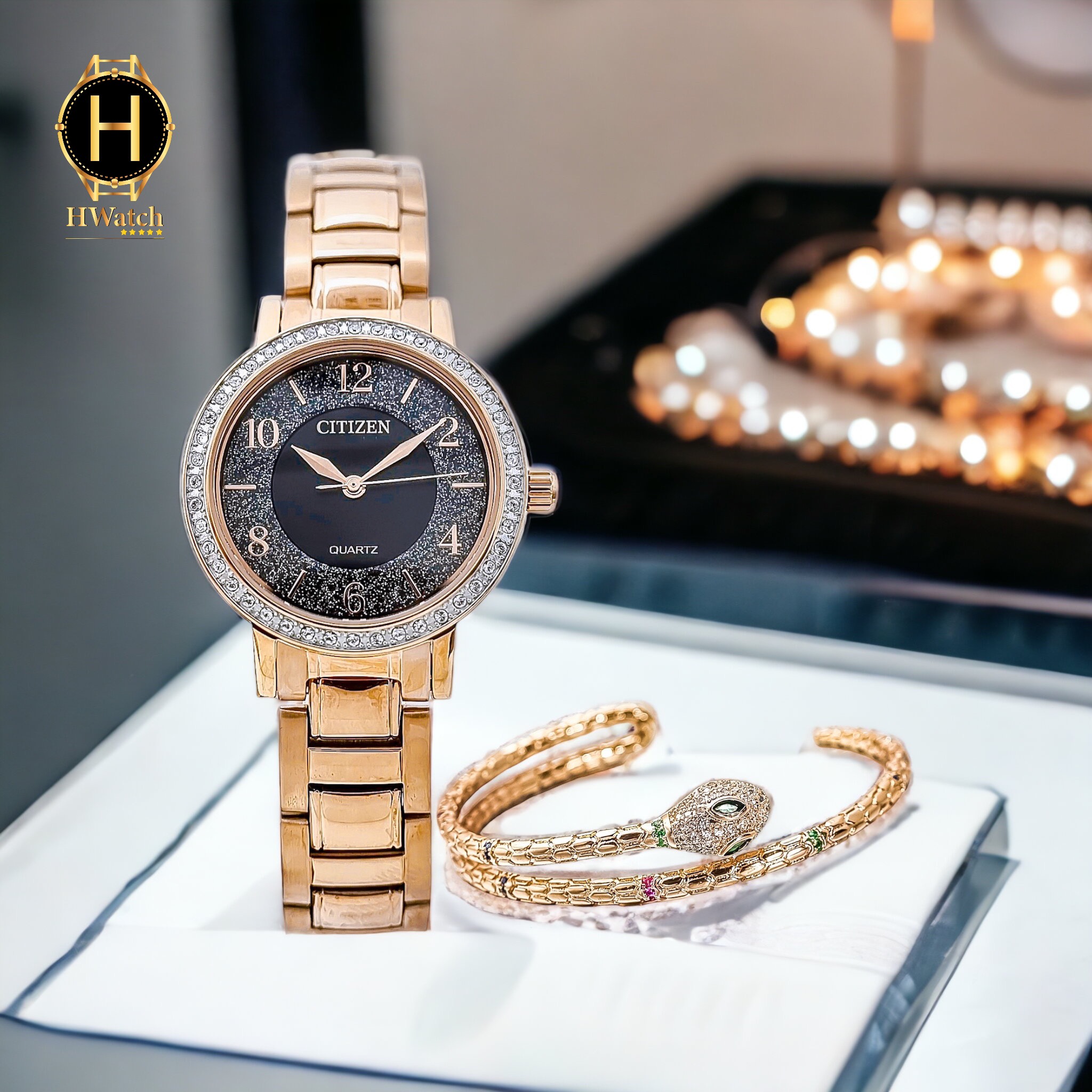 Đồng hồ nữ citizen pin el3048-53e dây sắt vỏ vàng hồng mặt đen