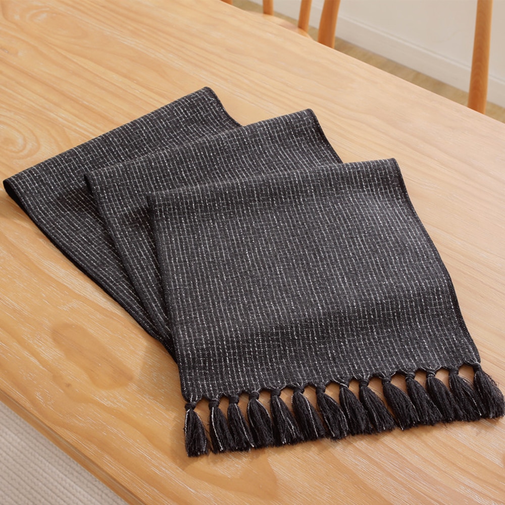 4/6/8/10 Seaters Light Luxury Style Solid Color Gold Jacquard Table Runner Modern Tassel Table Runner Black Dining Table Runners with Cotton Linen Table Cloth for Home Hotel Wedding Table Decoration