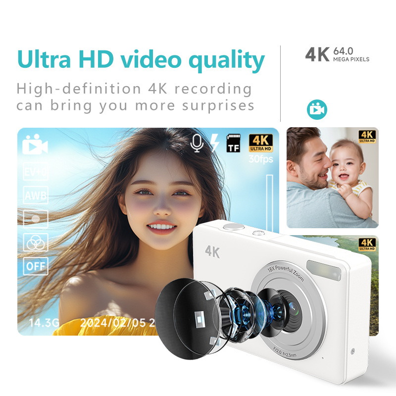 Compact 4K Ultra HD SLR Camera CCD Mini Digital Card Camera 64MP 18x Zoom Photo Video Recording Camera with LED Fill Light. 
