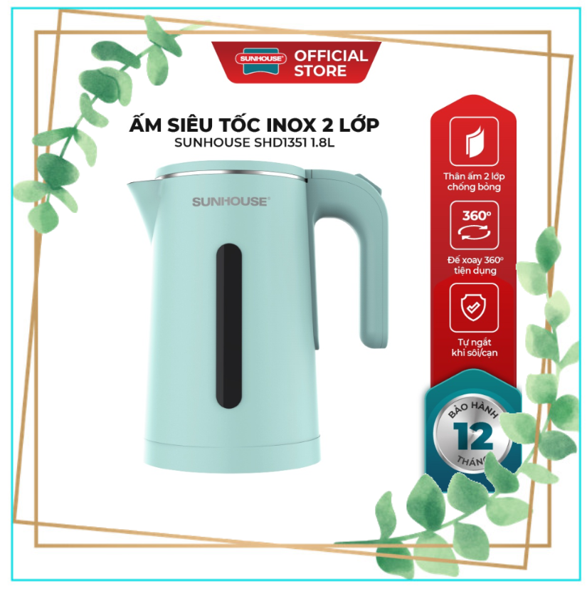 Ấm siêu tốc inox 2 lớp 1.8l sunhouse shd1351