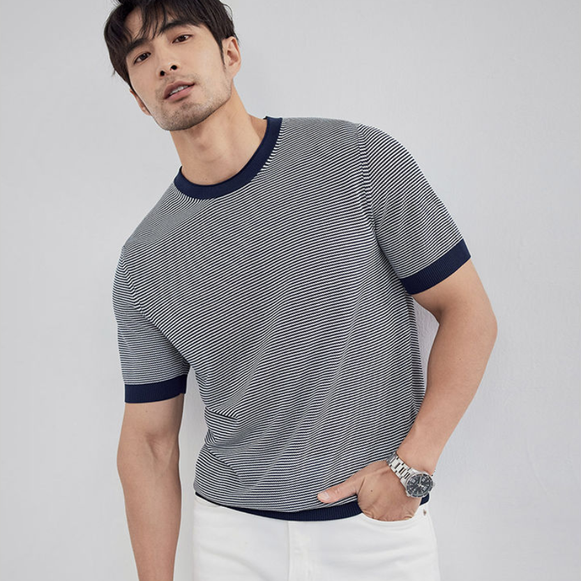 Hanlu New summer striped T-shirt Ice silk slim short sleeves High-end business short sleeves Korean style fashionable casual T-shirt