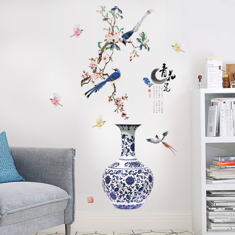 DECAL DÁN TƯỜNG TẾT BÌNH HOA THỔ CẨM VÀ CHIM ÉN