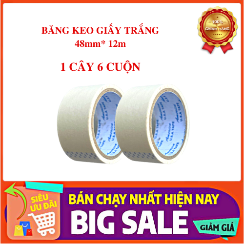 BĂNG KEO GIẤY TRẮNG 1 cây (6 cuộn) 48mm* 12m