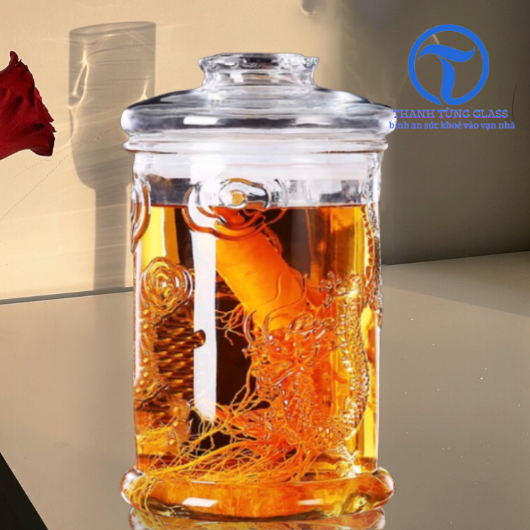 Bình Ngâm Sâm Thủy Tinh 5 Lít Hoa Văn Rồng - Không Van