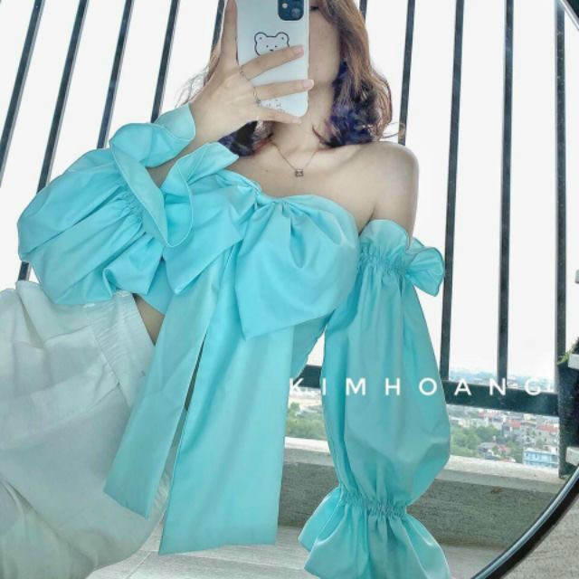 Áo Nơ Xinh Tay Phồng Cực Đẹp Áo CROPTOP Trễ Vai Phối Nơ Tay Phồng A30 / Áo Kiểu Bẹt Vai Tay Bồng