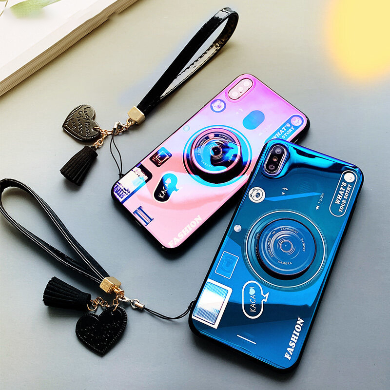 Gloden tree For Huawei Nova 8i Lite Case Camera Pattern + Stand + Beautiful Tassel Hand Strap Protective Back Cover Couple Cases