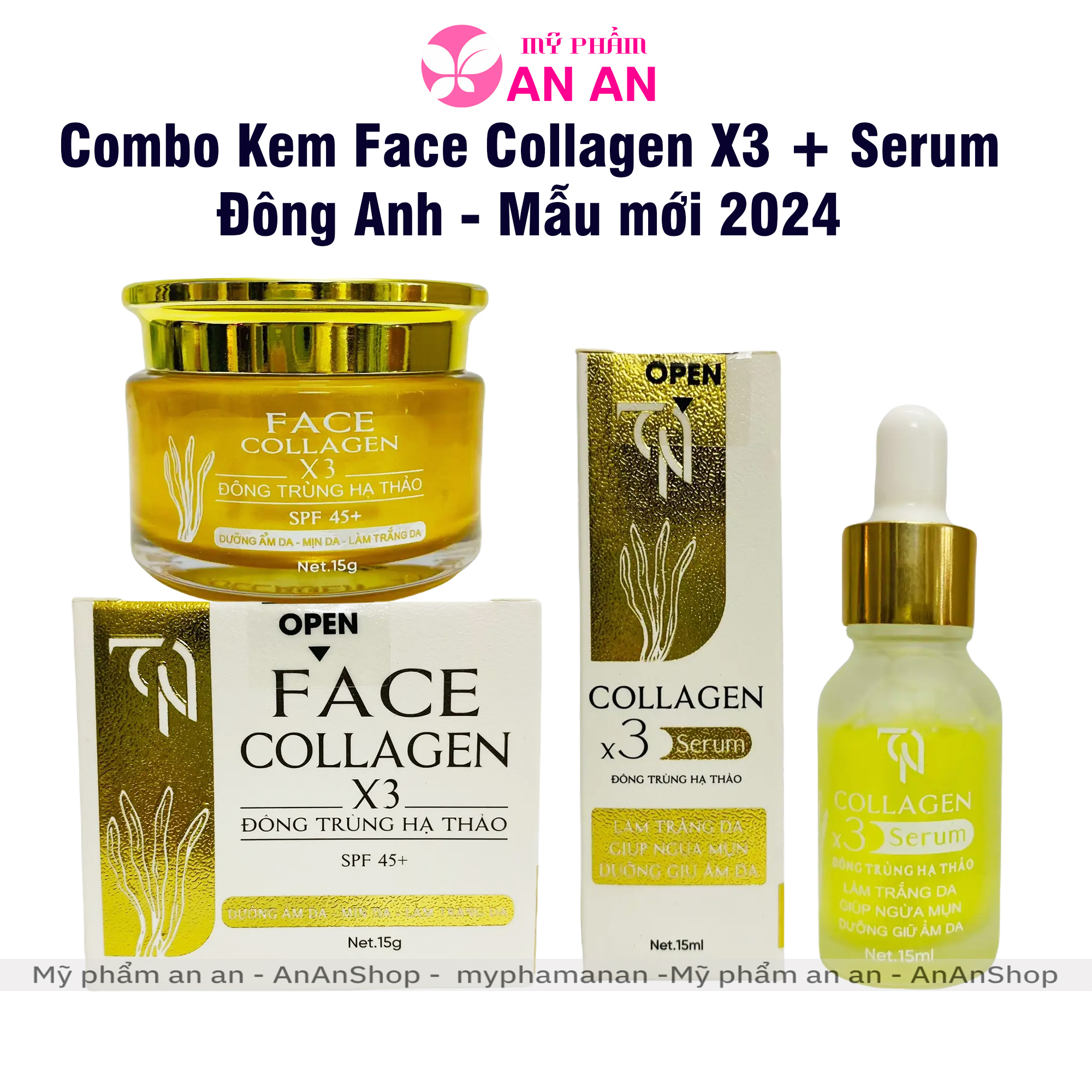 Combo kem face ngày collagen x3 đông anh đông trùng hạ thảo + serum x3, mẫu mới 2024 chính hãng