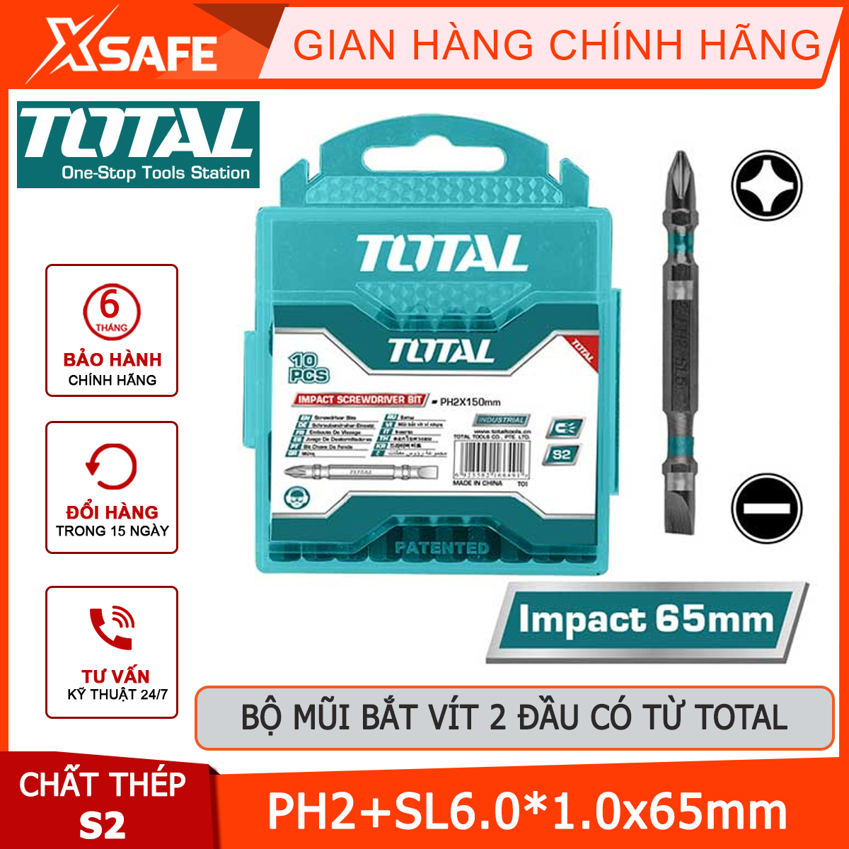 Bộ mũi bắt vít 2 đầu có từ total tacim16hl133 | bộ 10 mũi siết vít ph2+sl6.0*1.0x65mm thép công nghiệp s2 tháo, siết vít nhanh chóng hơn bởi ốc vít sẽ gắn chặt vào đầu mũi vặn