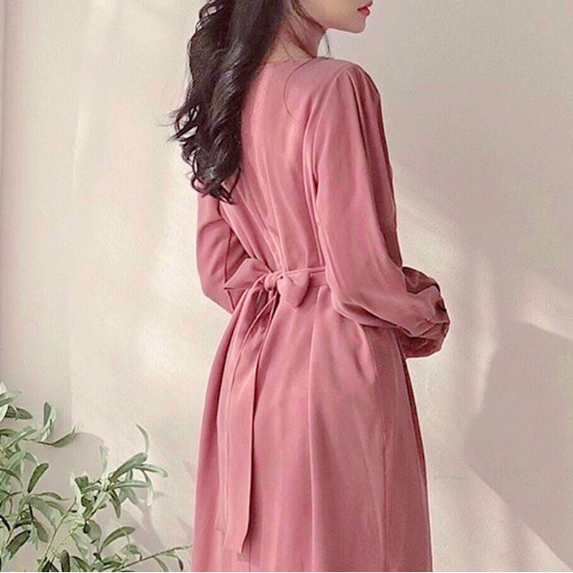 Đầm hồng ruốc tay dài