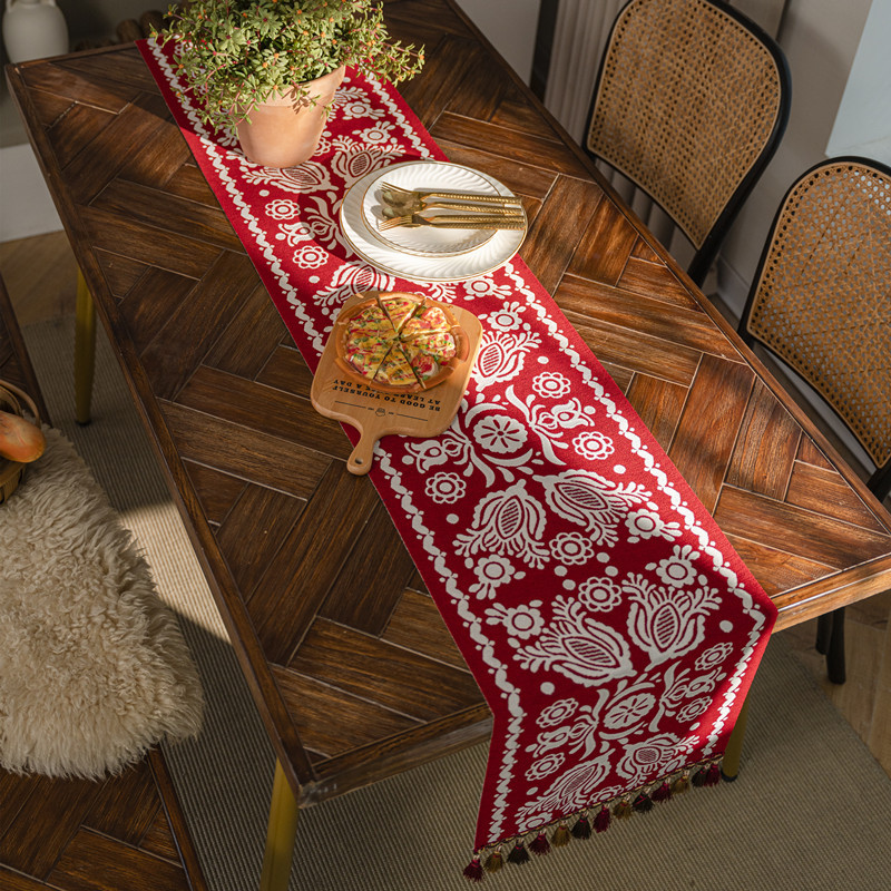 Red Holiday Festive Tassel Table Runner Modern Simple Geometric Flower Table Runner Coffee Table Cloth Sideboard Drawer 35*300cm Piano Cover Towel
