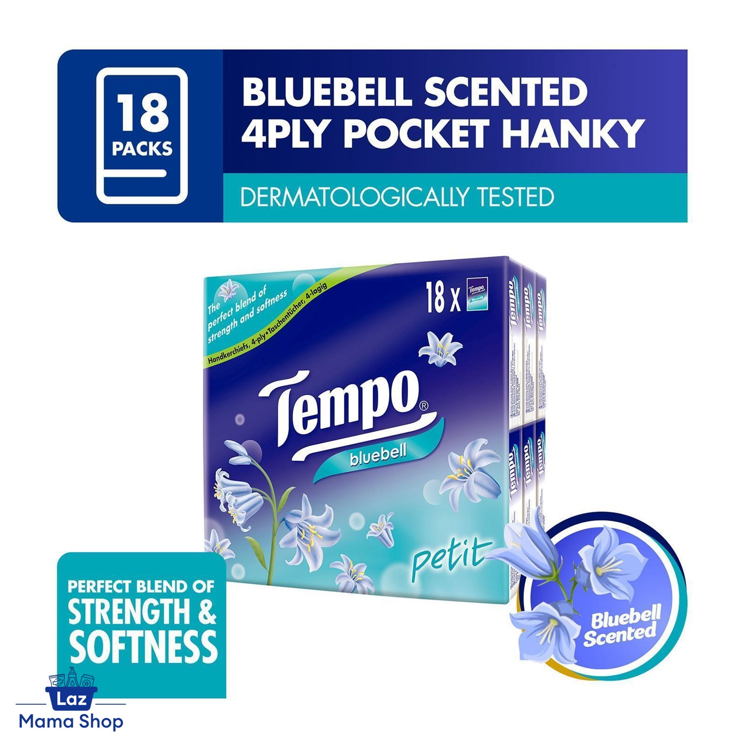 TEMPO Petit Pocket Tissue Hanky 4-Ply Bluebell 18x7 Sheets (Laz