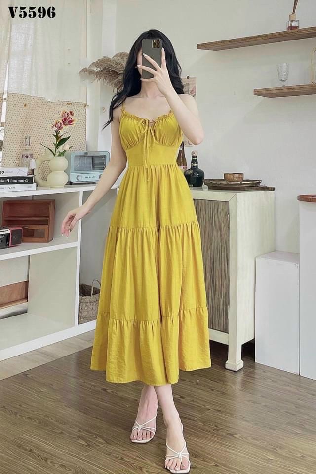[MIỄN PHÍ SHIP] Đầm xoè 2 dây chất lụa có mút ngực, đầm xoè tầng đi biển