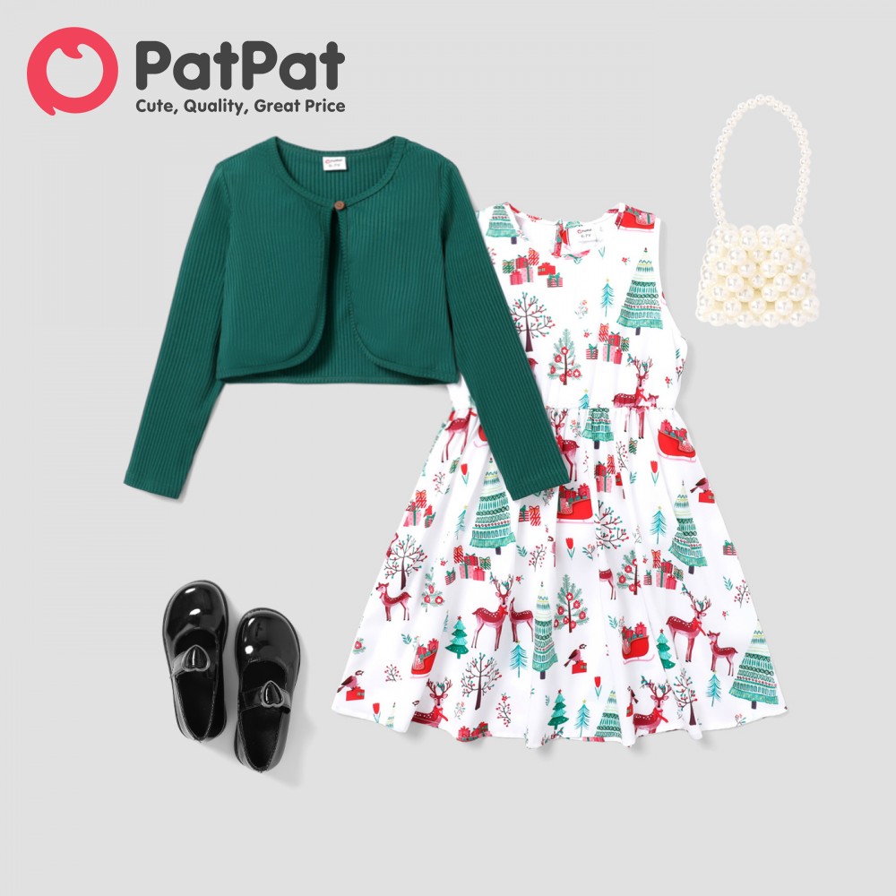 PatPat 2pcs Kid girl Christmas Pattern Button Design Skirt Suit