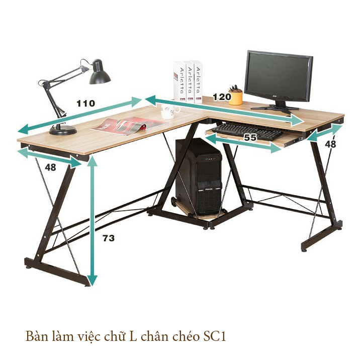 Bàn làm việc chữ L, Bàn máy tính kê góc để làm việc tiết kiệm diện tích, Bàn góc vuông gỗ MDF cao cấp có ngăn kéo chân chéo