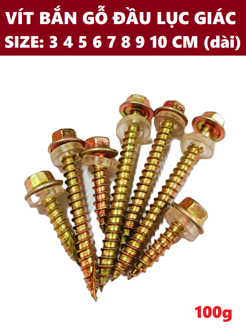 (300g) Vít Bắn Gỗ Đầu Lục Giác Kèm Vòng Đệm Cao Su (3cm 4cm 5cm 7cm 10cm)