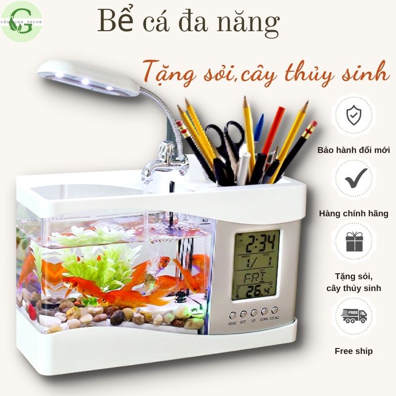 Bể Cá Mini Hồ Thuỷ Sinh Để Bàn [Đồng Hồ Đèn Bàn Sỏi Cây Trang Trí]