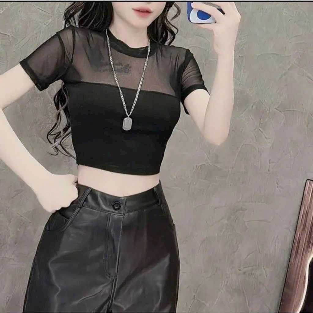 Áo thun nữ phối lưới tay ngắn - Áo thun nữ YuRi 2018 - Áo thun lụa phối lưới