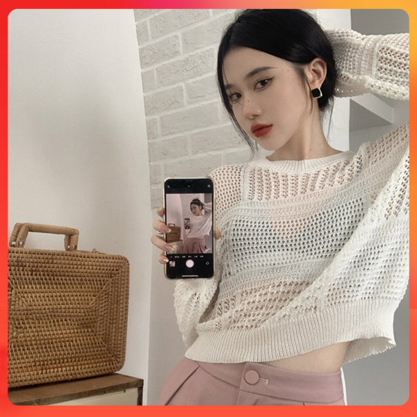 Áo len lưới qc montoghi cổ tròn cách điệu tay dài - kholenqc