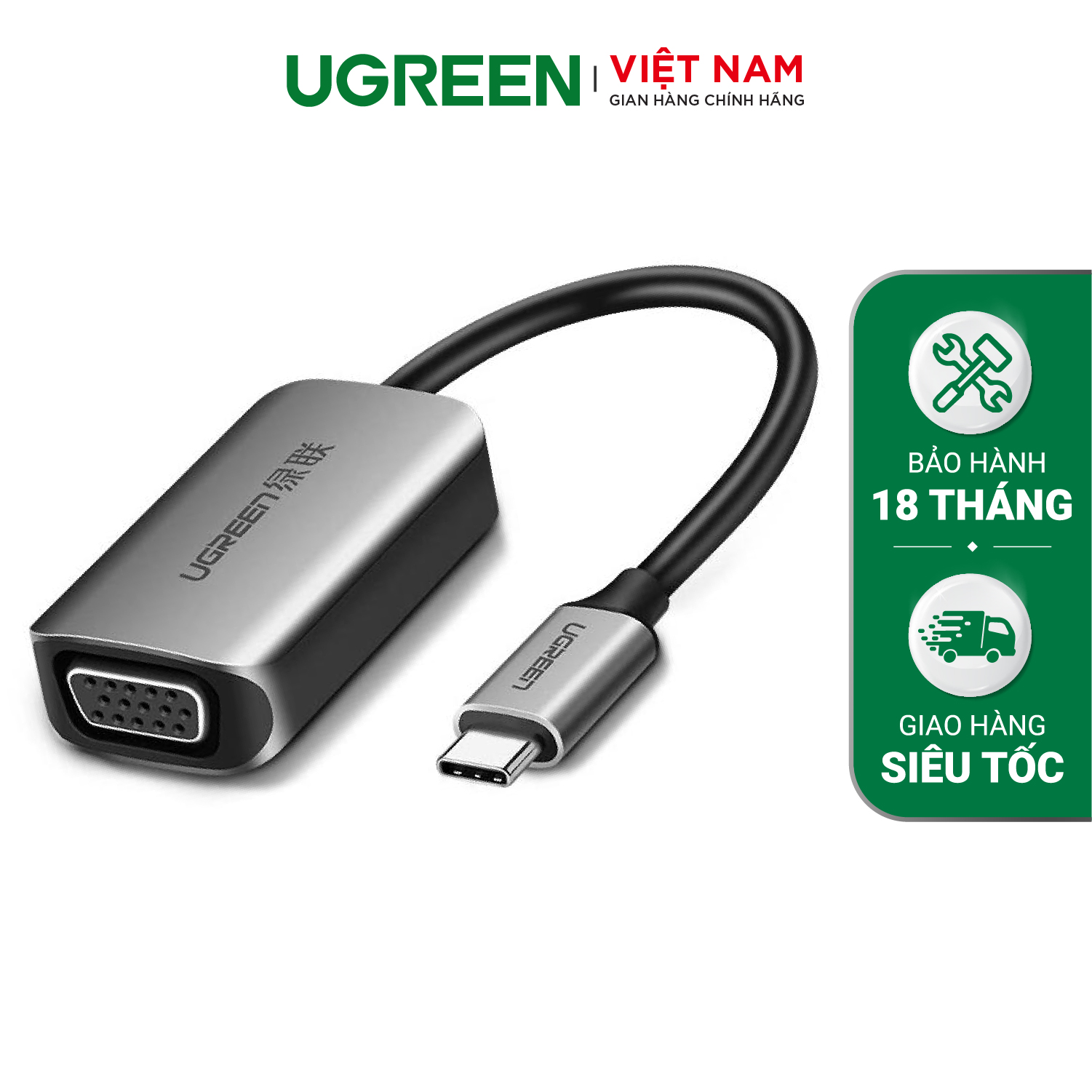 Cáp chuyển Type C sang VGA UGREEN CM160 - Hỗ trợ Full HD 1080P - Vỏ hợp kim tản nhiệt tốt - Hàng phân phối chính hãng - Bảo hành 18 tháng 1 đổi 1