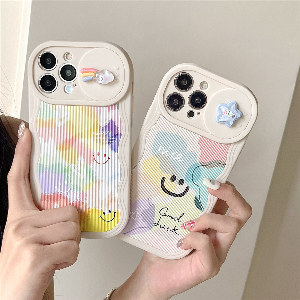 Push Lens Protection Soft Case for IPhone 11 12 13 14 15 Pro Max Casing Cute Cartoon Colorful Heart Smileys Back Cover Fashion Shockproof Phone Case