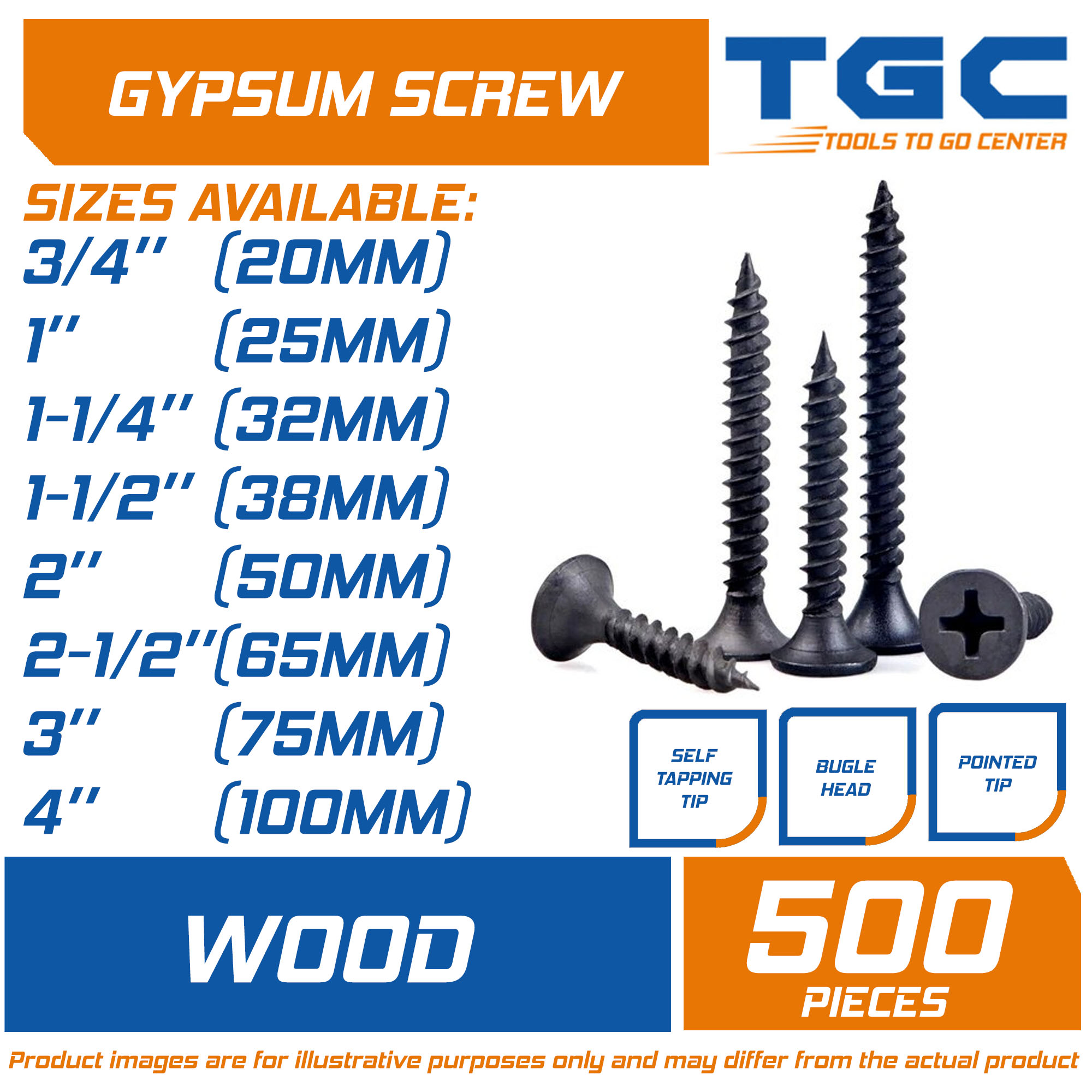 500PCS WOOD Black Screw or Gypsum Screw 3/4 inches 4 inches Self