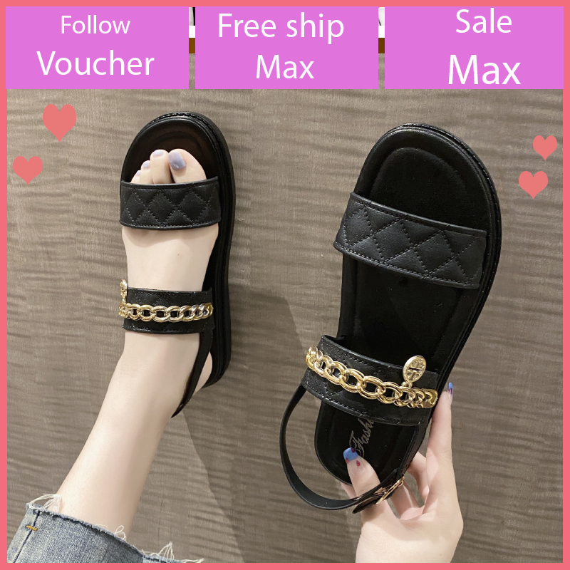 [Hoàn Tiền 15%]Giày sandal nữ 2 quai ngang đế bằng học sinh hàn quốc thời trang dạo phố phối xích V310