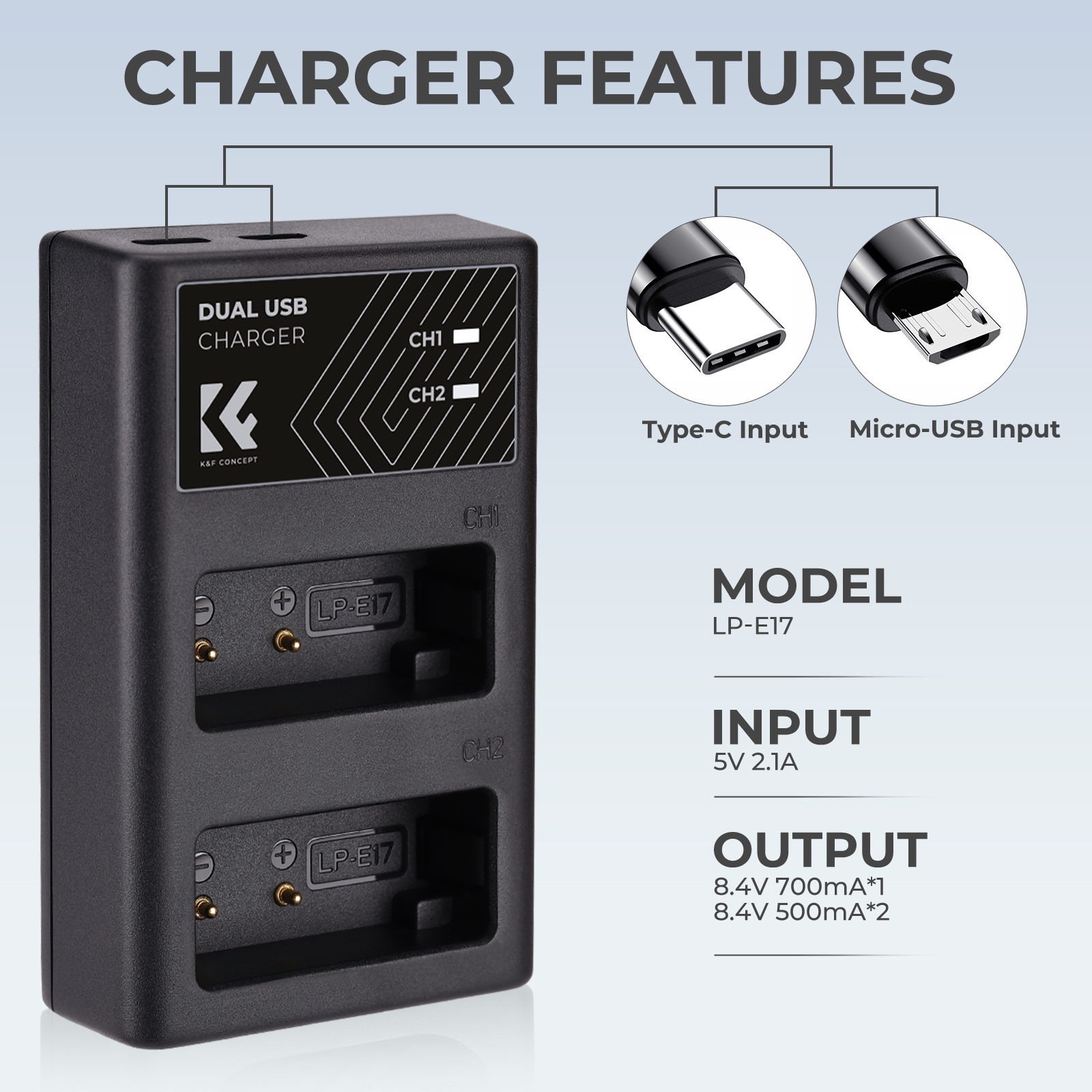 K&F CONCEPT NP-FW50 Dual Slot Quick Charger, Micro USB and Type-C
