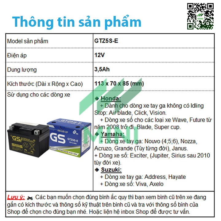 Bình ắc quy khô GS GTZ5S-E (12V-3.5Ah)