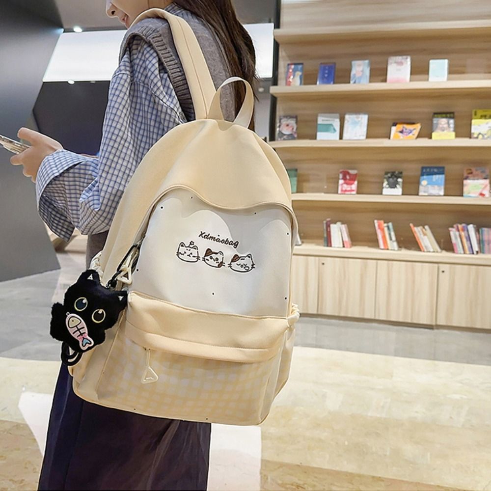 New%20Cat%20Checkered%20Pattern%20Women%20Backpack%20Large%20Capacity%20Nylon%20Travel%20Bag%20Casual%20Portable%20Schoolbag%20School%20Use%20-%20Image%204