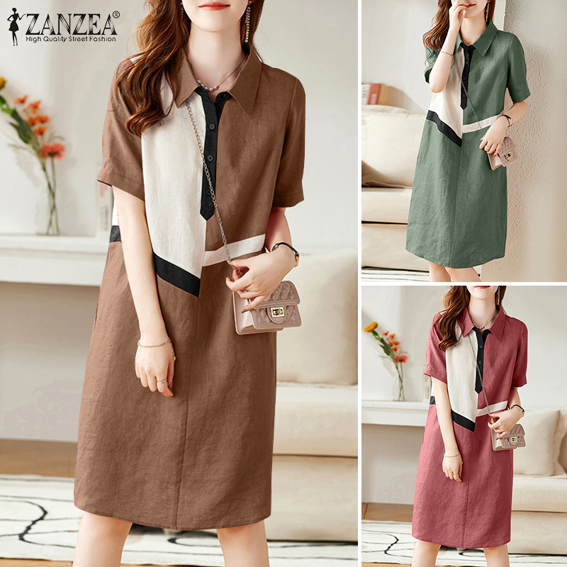 ZANZEA%20Korean%20Style%20Women's%20Dresses%20New%20Fashion%20Casual%20Short%20Sleeve%20Lapel%20Contrast%20Color%20Midi%20Shirt%20Dress%20-%20Image%205