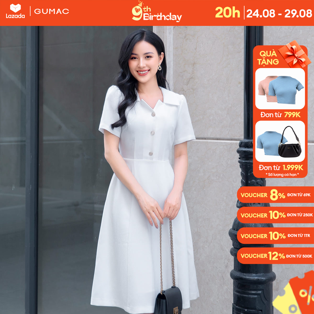 Đầm phom a nữ gumac dd09042 tay ngắn phối cổ kiểu đính nút trang trí