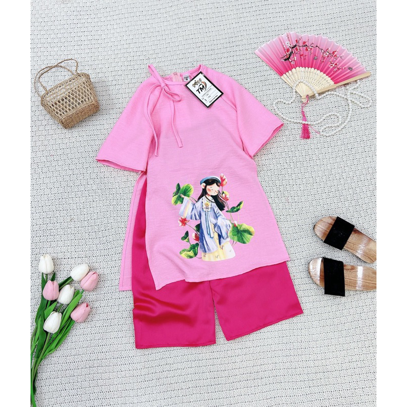Set áo dài cách tân đũi nhật DN hoạ tiết cô gái cho bé gái