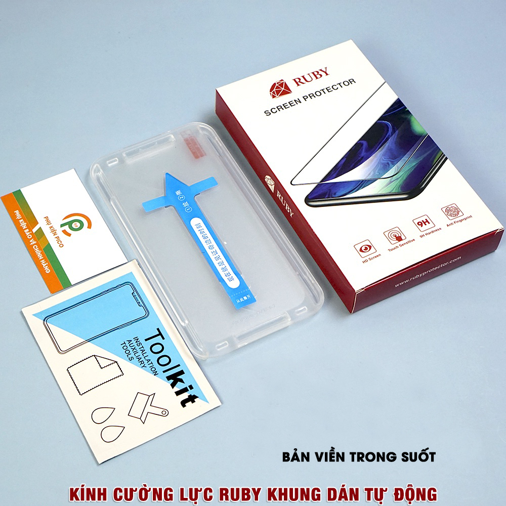 Kính cường lực Iphone 13 Pro Max / 14 Pro Max / 12 Mini / 11 Pro / Iphone Xs Max chính hãng Ruby khung dán tự động full màn hình - Dán màn hình Iphone 14 Plus
