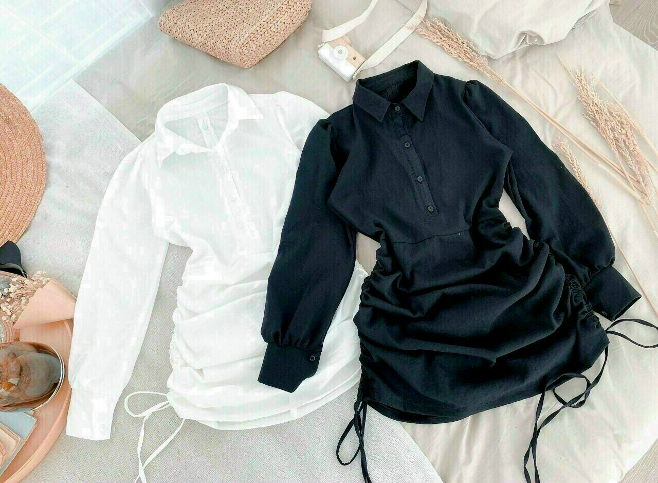 Đầm Nhúm Sơ Mi Nút Cài