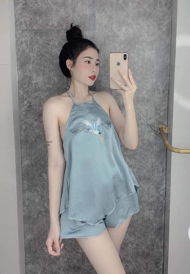 Set Bộ Lụa Yếm Thêu Hạc  Set Yếm Dây Lụa Satin Mặc Nhà From Dưới 58 Kg