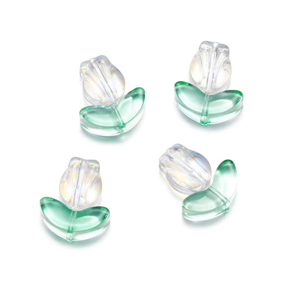 St.kunkka 20pcs Three-Dimensional Tulip Flower Beads Transparent Glass Beads Tulip Shape Beads with Leaves Flower Beads For DIY Beaded Bracelet Necklace