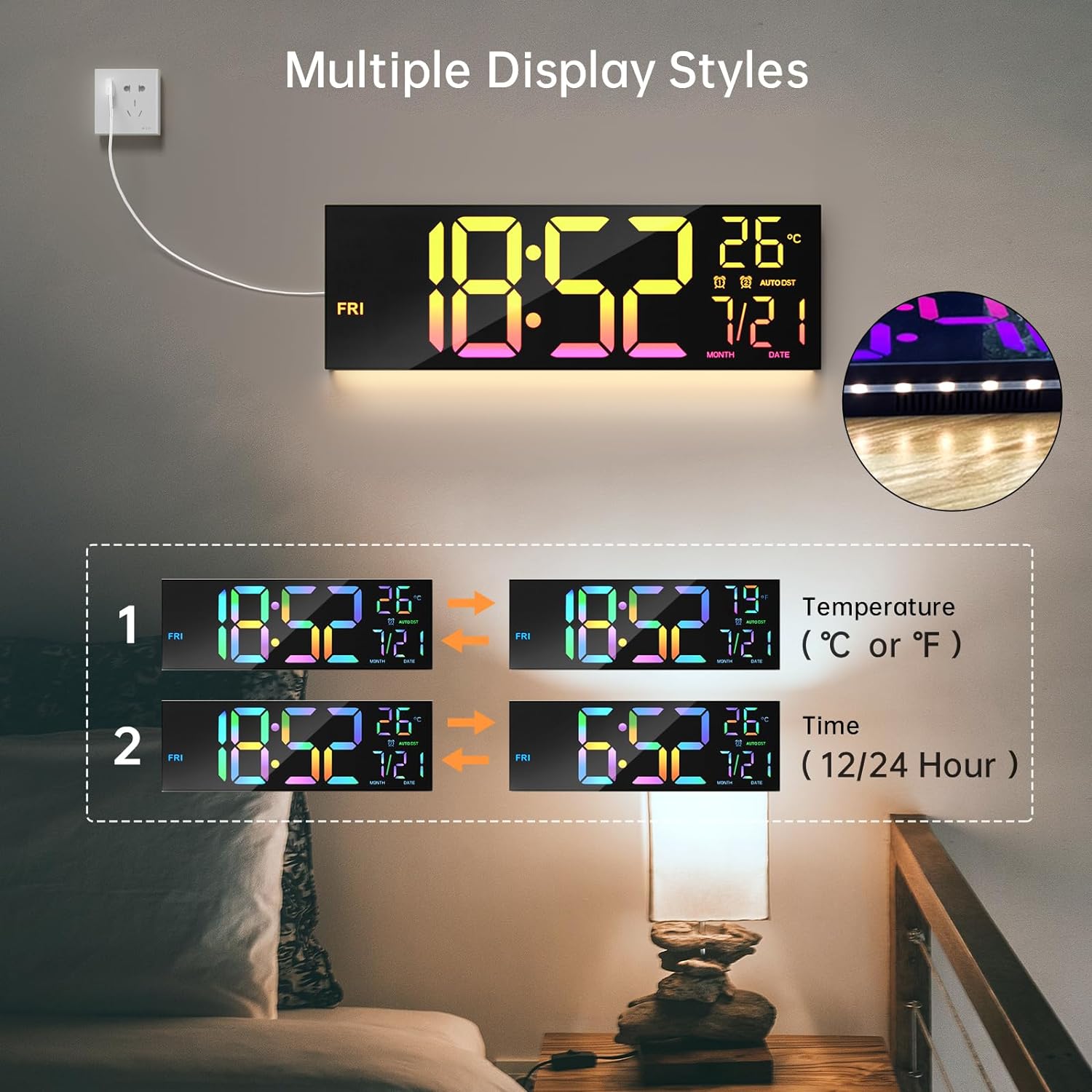 Digital Wall Clock, Large Screen 16.2 Inch Digital Wall Clock with RGB Color Changing Remote Control, Auto Brightness LED Clock Option - 1 Color.