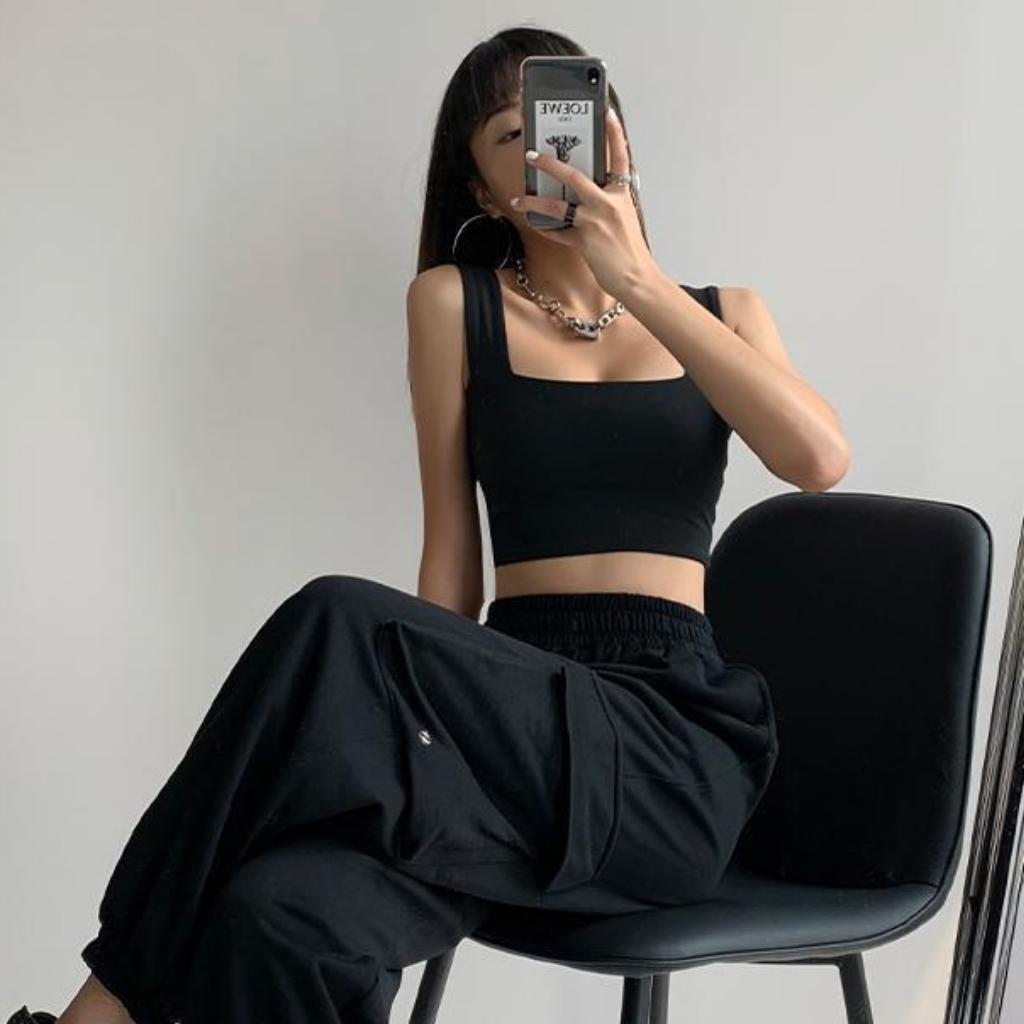 Áo 2 dây bản to nữ cổ vuông CROPGIRL Áo croptop hai dây ôm body may 2 lớp vải cotton dày dặn co giản tốt 2D5