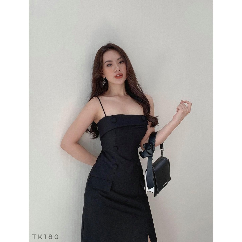 Đầm hai dây xẻ tà nút bọc tông nâu thanh lịch