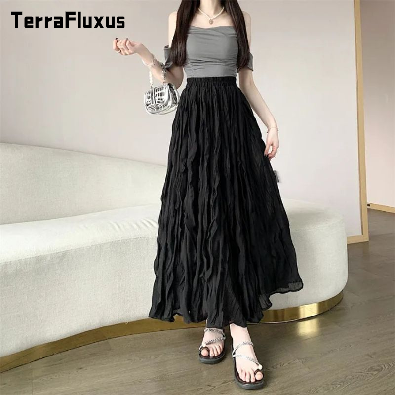 TerraFluxus   Váy Xếp Ly Màu Trắng Chân Váy Chữ A Mùa Hè Cho Nữ Váy Kẻ Ô Cạp Cao Mẫu Mới Váy Dài Vừa