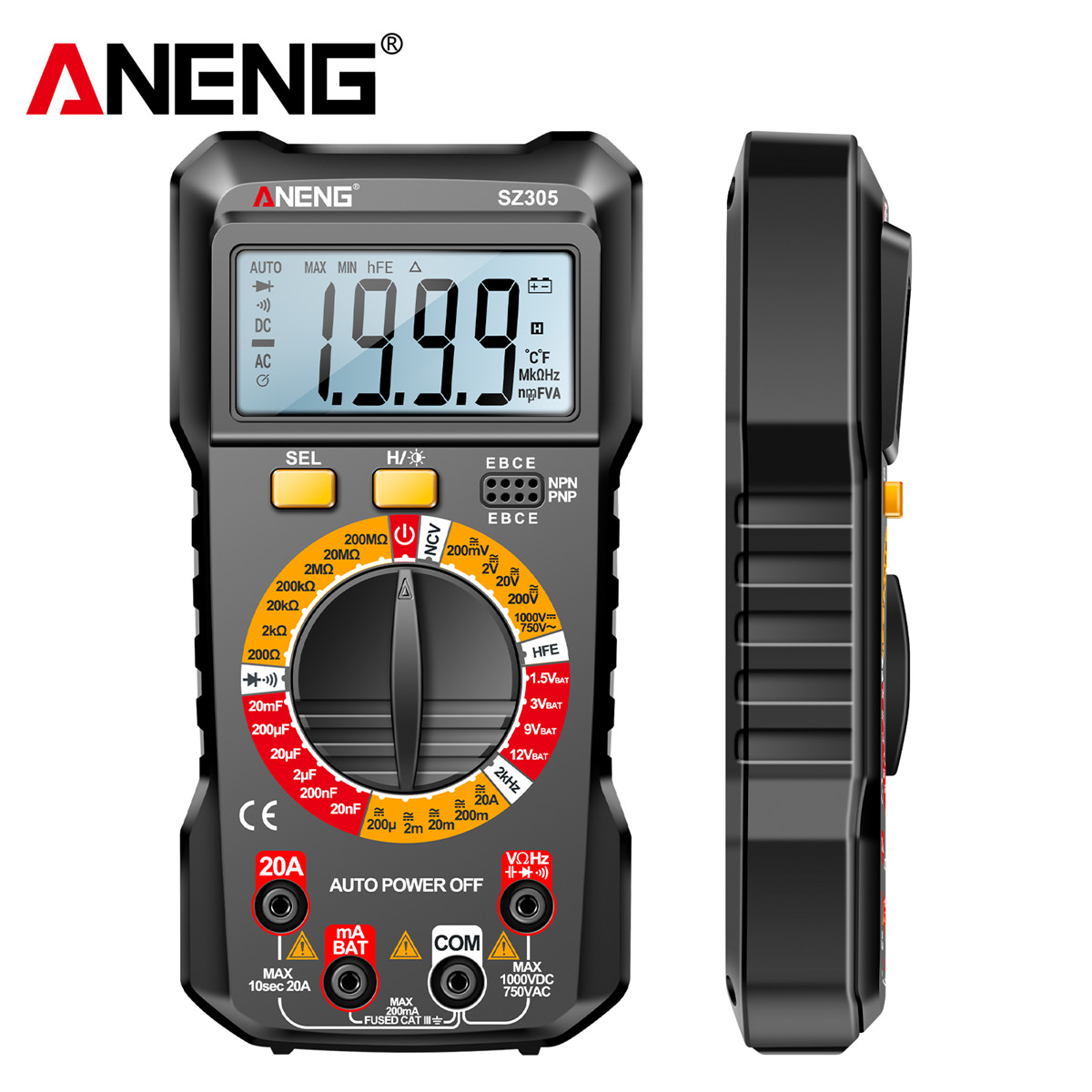 Aneng sz305 đa năng kế kỹ thuật số tự động phạm vi 750V 10A Thông Minh vạn năng DC/vôn kế xoay chiều Ampe kế 1999 đếm/NCV không tiếp xúc/hFE/kháng/phát hiện liên tục/Còi/Vỏ bảo vệ chống rơi Silicon/đa năng kế kỹ thuật số thông minh