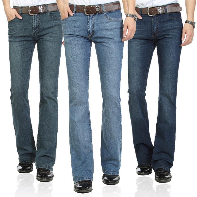 Mens Bell Bottom Jeans Business Blue Mid Waist Slim Fit Boot Cut