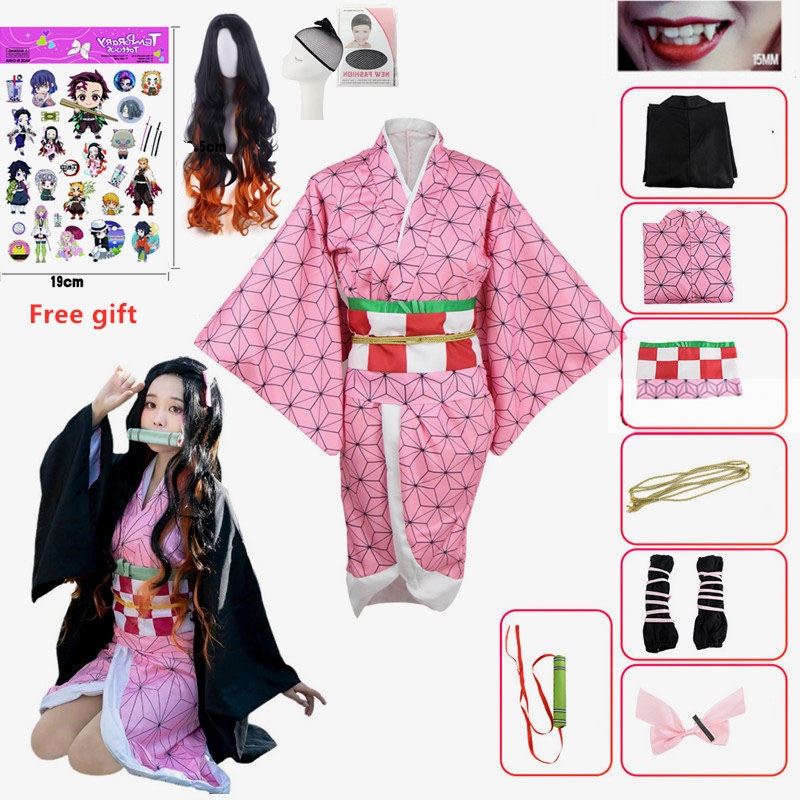 Roupas de desenho animado Anime Kamado Nezuko Cosplay Costume Demon Slayer  Cosplay Roupas uniformes Kimono Wig Set Set Halloween Traje para crianças