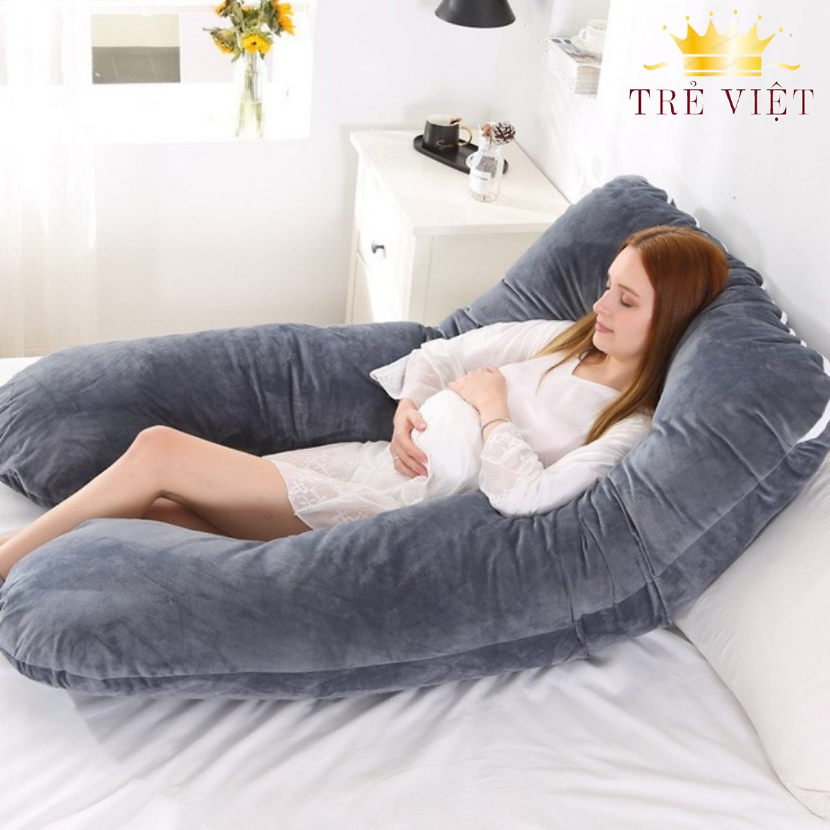 [HN]Gối Ôm Bà Bầu Hình Chữ U (Vải Nhung Cao Cấp)