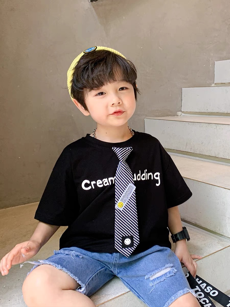 Set Áo Cotton Quần Bò Cho Bé Trai Phối Cà Vạt Phong Cách Cho Bé Size Từ