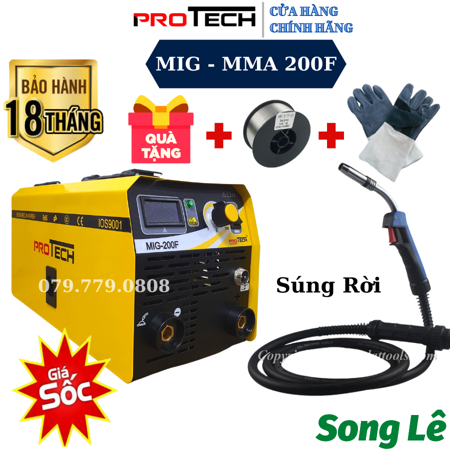 Máy hàn mig không dùng khí và que mig protech 200f - tặng full phụ kiện