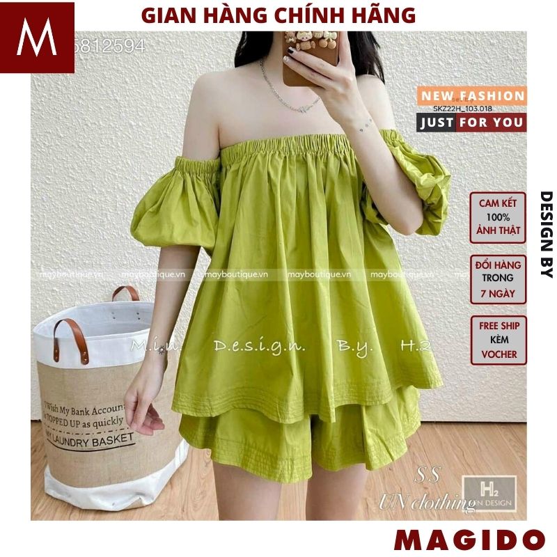 Sét áo trễ vai tay bồng kèm quần short cạp cao kiểu dáng hàn quốc ,áo babydoll trễ vai tay bồng tiểu thư bánh bèo dễ thương ,áo trễ vai ,quần short nữ -MAGIDO