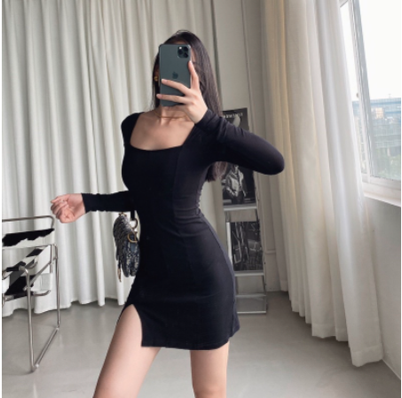 Đầm Body Thun Xẻ Đùi Tay Dài Quyến Rũ Cho Nữ Phong Cách Basic